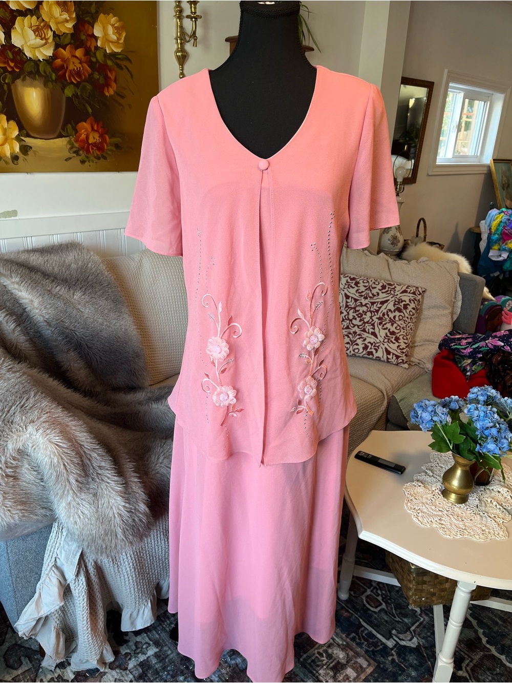 Women’s Vintage Pink One Piece Floral Embroidered Dress - Size M/L